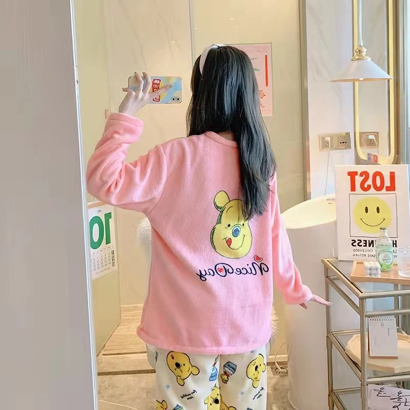 Girls Cute Pajamas 2 Pieces Anime Homesuits Kawaii Pyjama Coral Velvet Winter Clothes for Women Full Length Kawaii Japan Pyjama