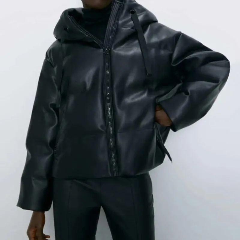 

Hooded Faux Leather Parkas Women Winter Jakcet Fashion PU Leather Coats Female Elegant Zipper Cotton Jackets Luxury Outwear Coat