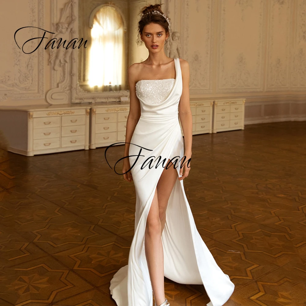 

New Glittery Beading One Shoulder Backless Wedding Dresses Front High Split Mermaid Sexy Bridal Gown vestidos de novia платье