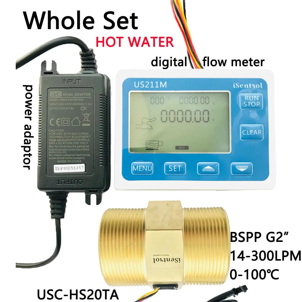 

HOT WATER US211M Digital Flow Meter & USC-HS20TA Hall Flow Sensor Measurement 14-300L/min Range BSPP G2" Dijiang iSentrol Saier