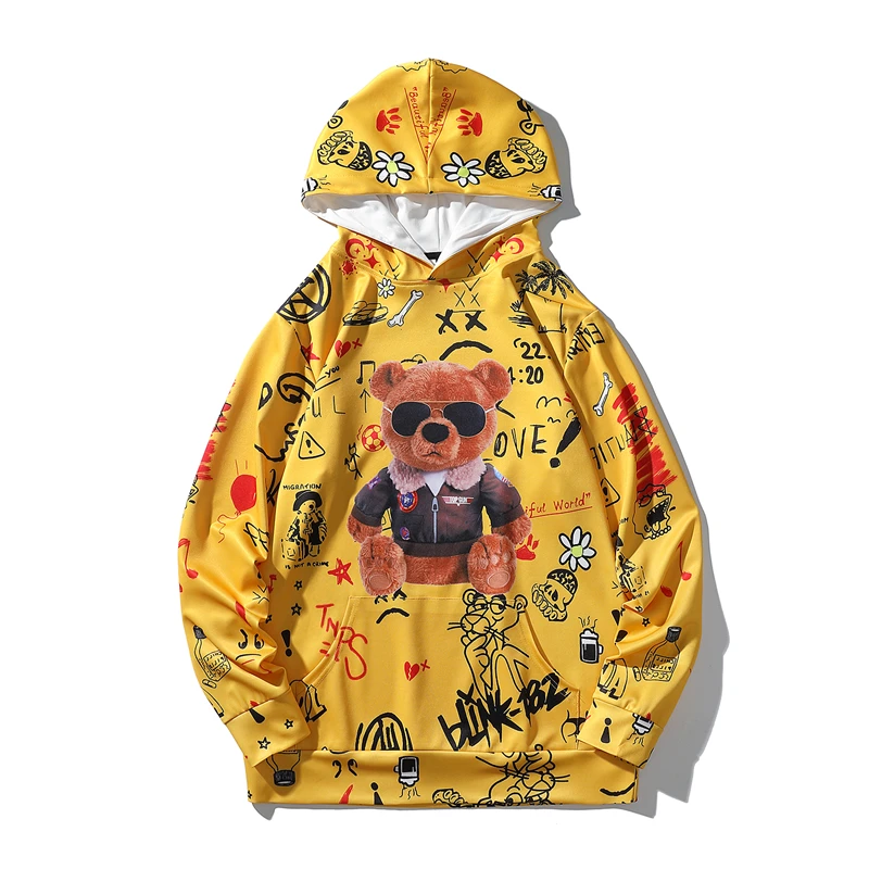 

2021 Autumn New Digimon Little Bear Graffiti Hooded Sweatshirt Hoodie Fashion Mens Hip Hop Harajuku Manga Hoodies Anime Clothes