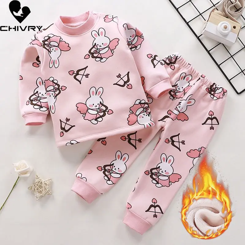 New 2021 Kids Boys Thicken Pajama Sets Cartoon O-Neck T-Shirt Tops with Pants Baby Girls Autumn Winter Warm Sleeping Clothes