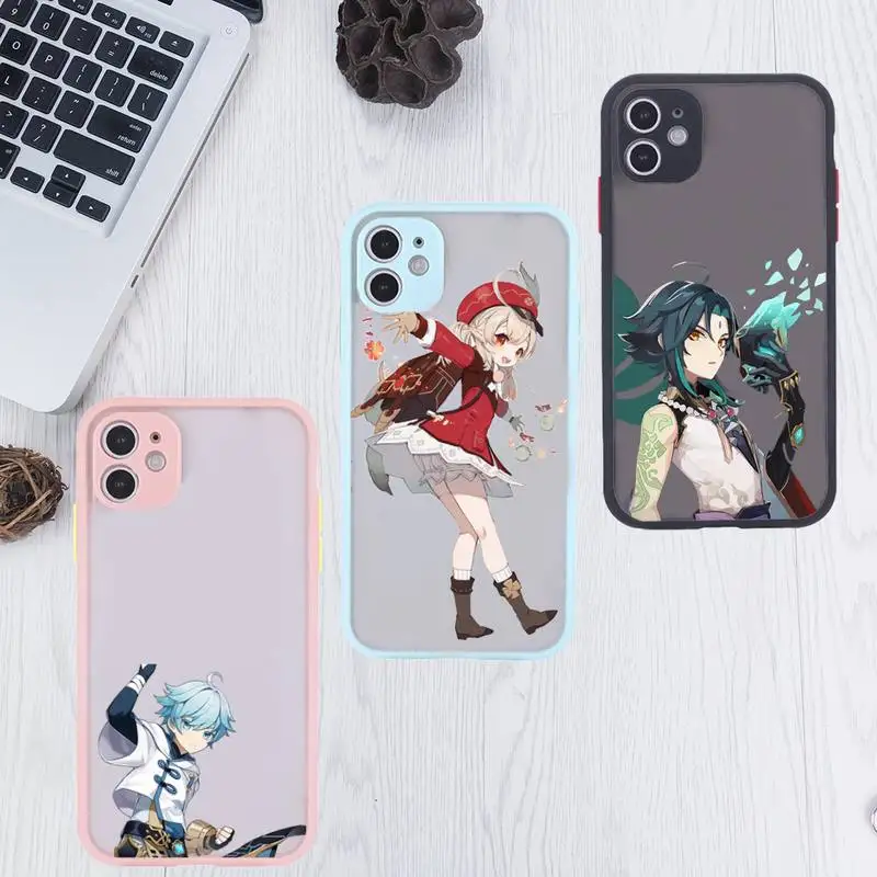 

Genshin impact game Fashion design Phone Case For iPhone 12 11 Mini Pro XR XS Max 7 8 Plus X Matte transparent Pink Back Cover