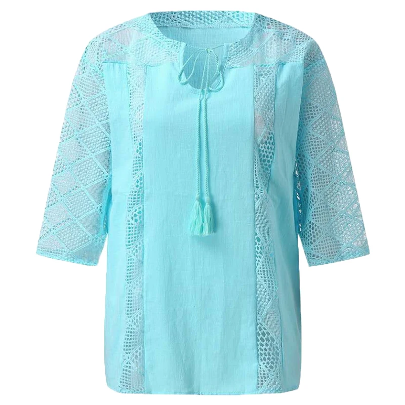 

Large size loose women blouses 2020 summer cotton blouse solid color leisure hollow O-neck 3/4 sleeve lace women shirt