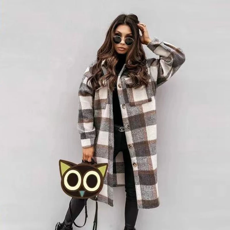 

Autumn Fashion Women's Plaid Print Long Coat 2021 Casual Warm Lattice Woolen Winter Jacket Banquet Trend Lapel Women Windbreaker