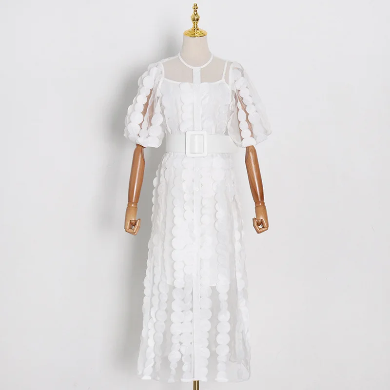 Женское платье-миди с круглым вырезом и пышными рукавами | Женская одежда