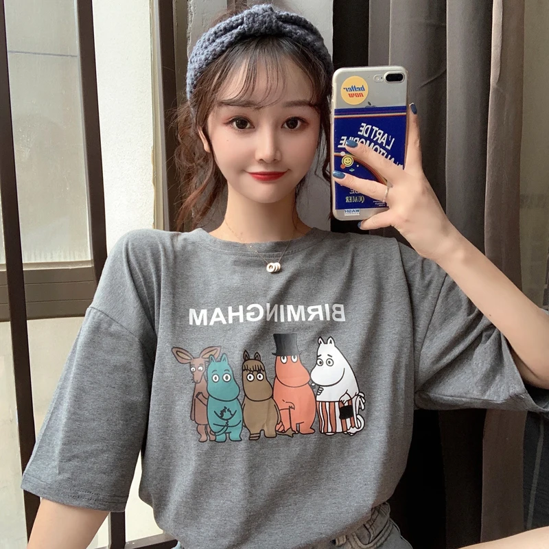 

Summer Short Sleeve T-shirt Women Cotton Letter Hippo Print Harajuku Shirt Female Large Size Tops Round Neck Casual T Shirt