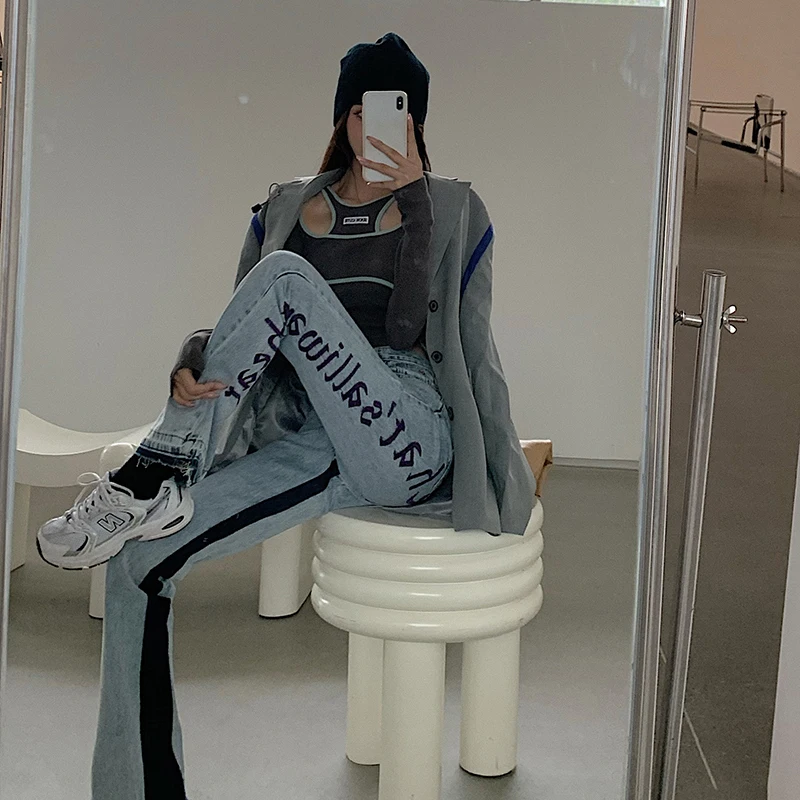 

European Spring New Denim Pants Back Letters Embroidery Thin Loose High-waisted Jeans Straight Pants Women Fashion Streetwear