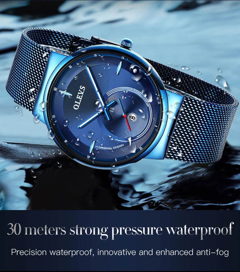 NEW OLEVS Watch Men Luxury Quartz Date Blue Dial Thin Top Brand Watches Sports Chronograph Mesh Belt Wrist Watch Man Clock