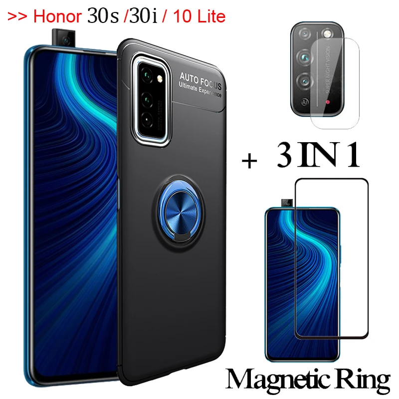 

3-in-1 Glass+Magnetic Silicone Case Huawei Honor 30 30i phone Case Honor 10 i 9X 10lite 30s Cover honor 30 i magnetic ring Case