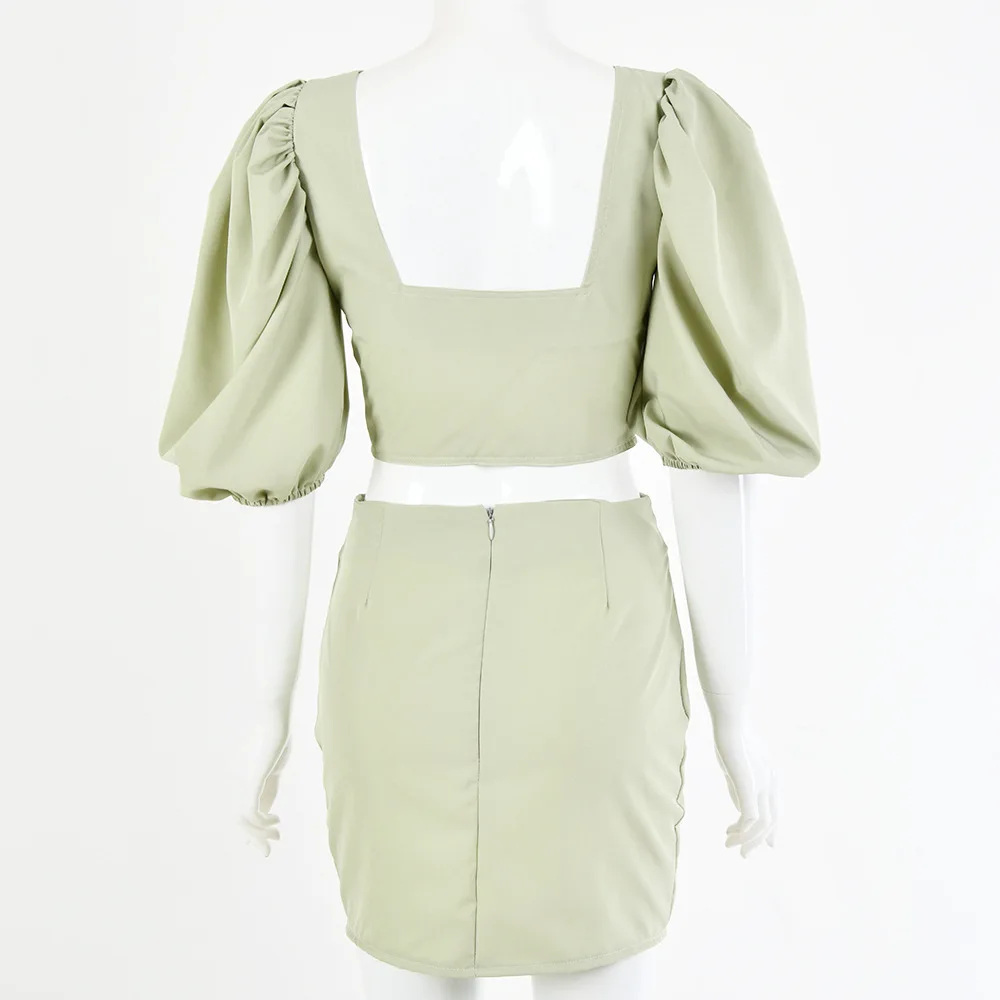 

Sexy Square Collar Lantern Sleeve zipper A Line two pieces