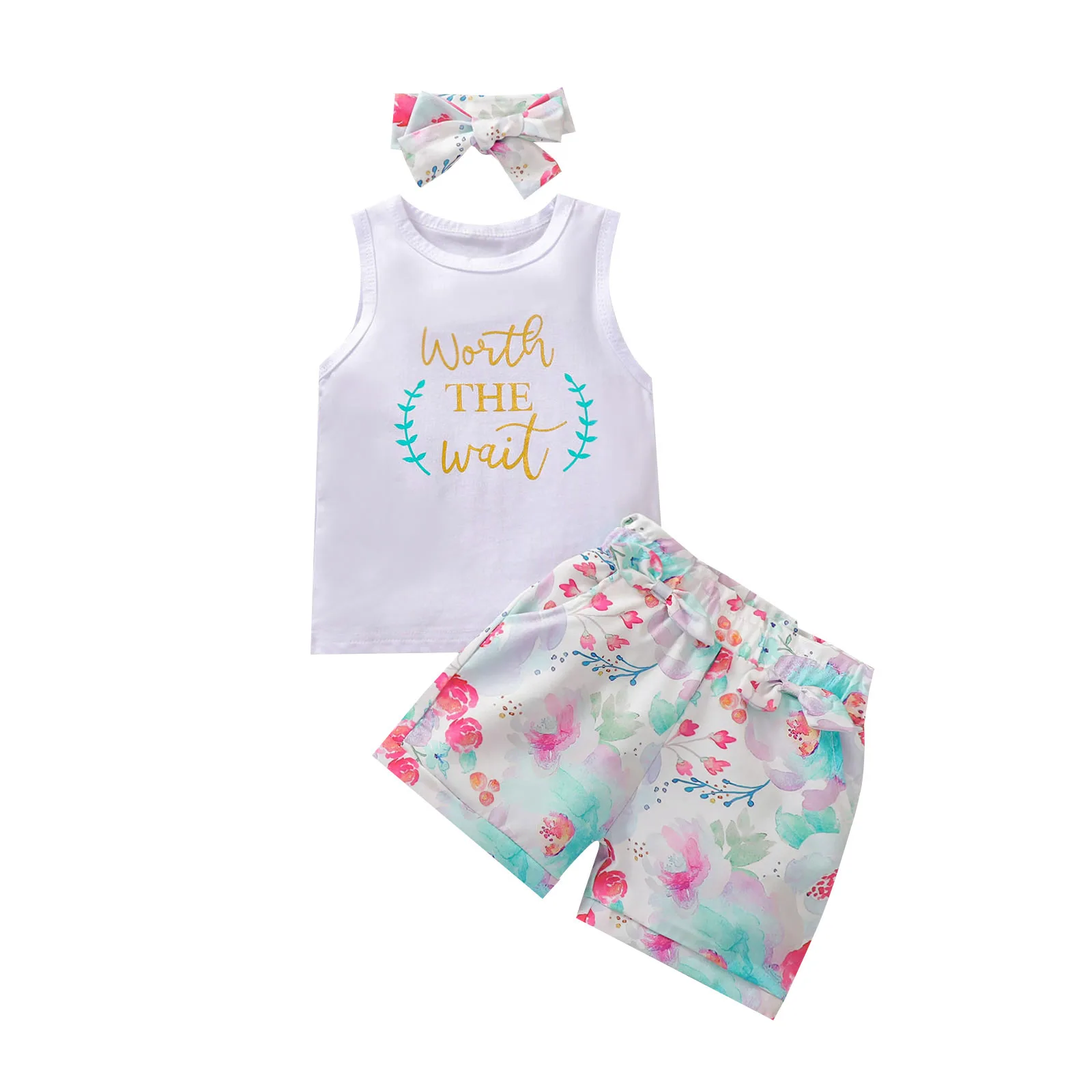 

Kid Baby Tank + Shorts + Bow-knot Hairband Elastic Waist Loose Version Letter Print Summer Clothing 3-7Years