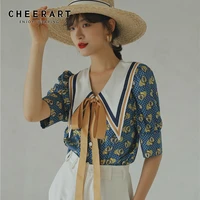 cheerart vintage blouse summer top blue puff sleeve collar shirt women loose designer ladies tie top korean fashion clothing