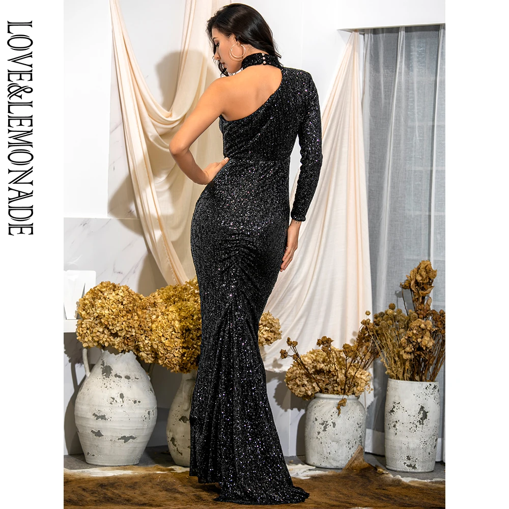 Женское платье с лямкой на шее LOVE & LEMONADE черное облегающее эластичное макси одним