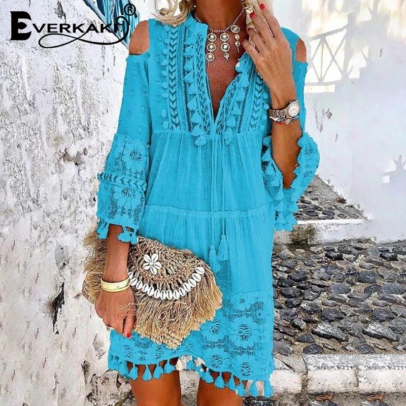 

Everkaki Ethnic Print Off Shoulder Mini Dress Women Summer Tassel Lace Long Sleeve Boho Lady Beach Short Dress Female Loose 2020
