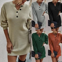 women winter long sleeve sweater dress v neck button knitted tunic top pullover