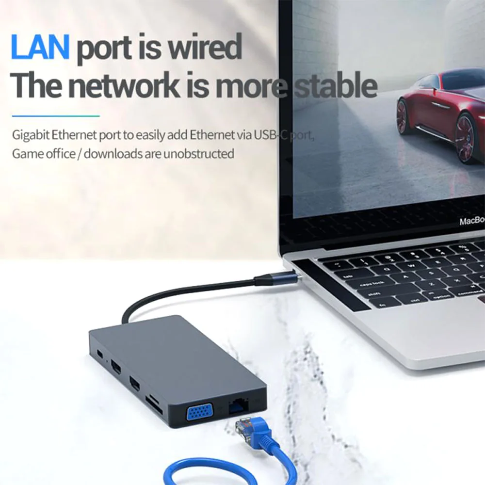Tebe Док-станция 12 в 1 Type-c USB-C - адаптер концентратора Dual HD HDMI / VGA RJ45 SD TF с 2-портовым