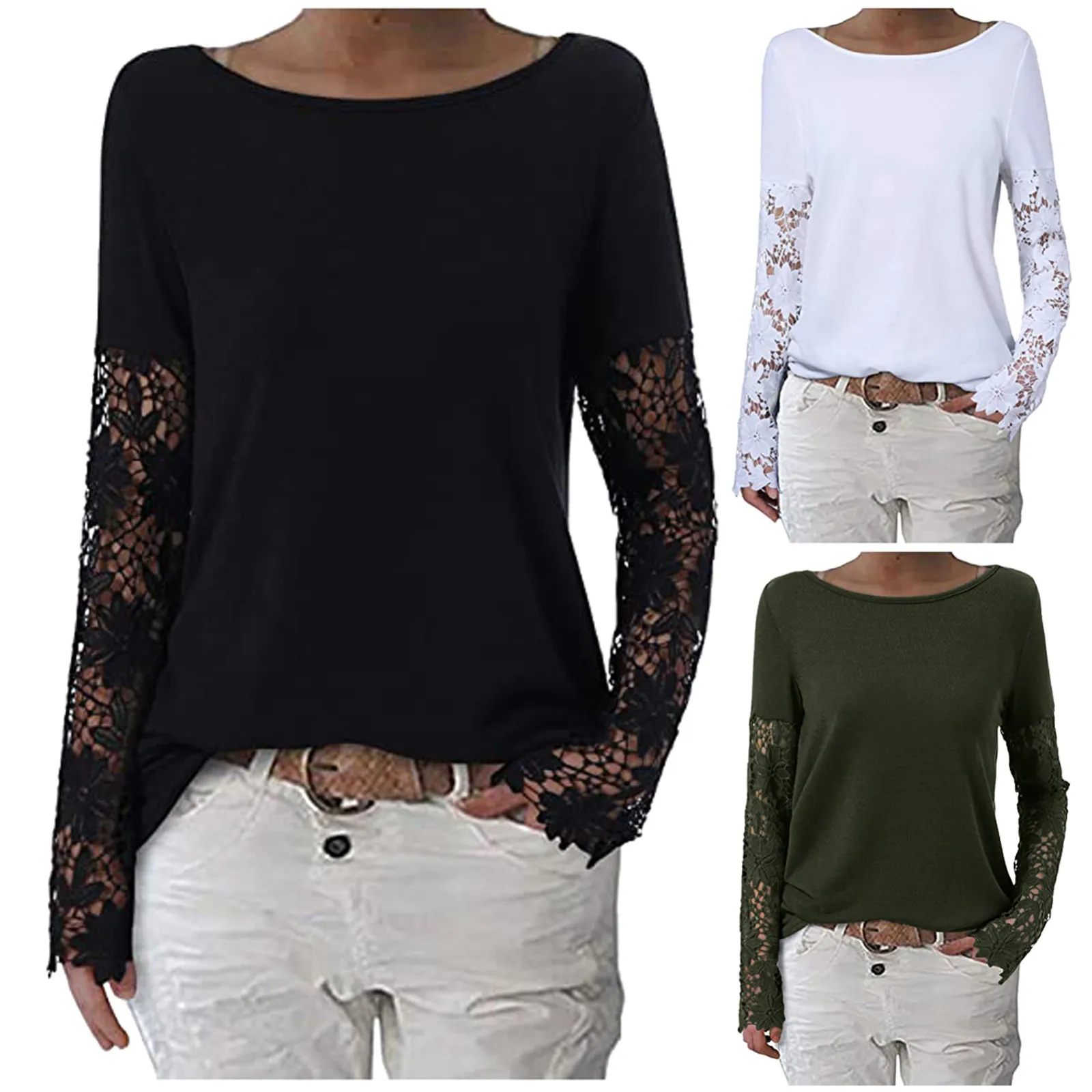 

Женская кружевная рубашка с длинным рукавом и круглым вырезом, свободного покроя