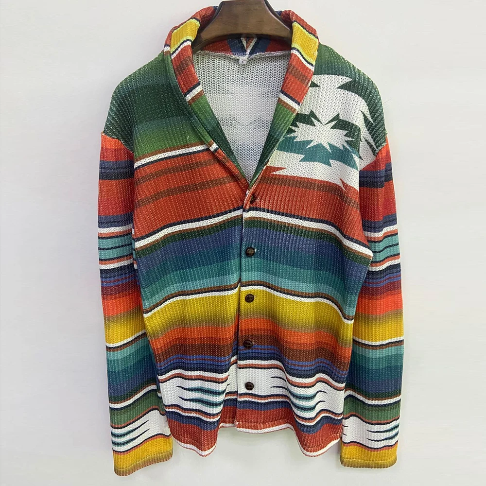 

Winter Spring Knitted Cardigan Men Jacket Rainbow Striped Sweaters Coat Men Coat Vintage Knitwear Coat Retro