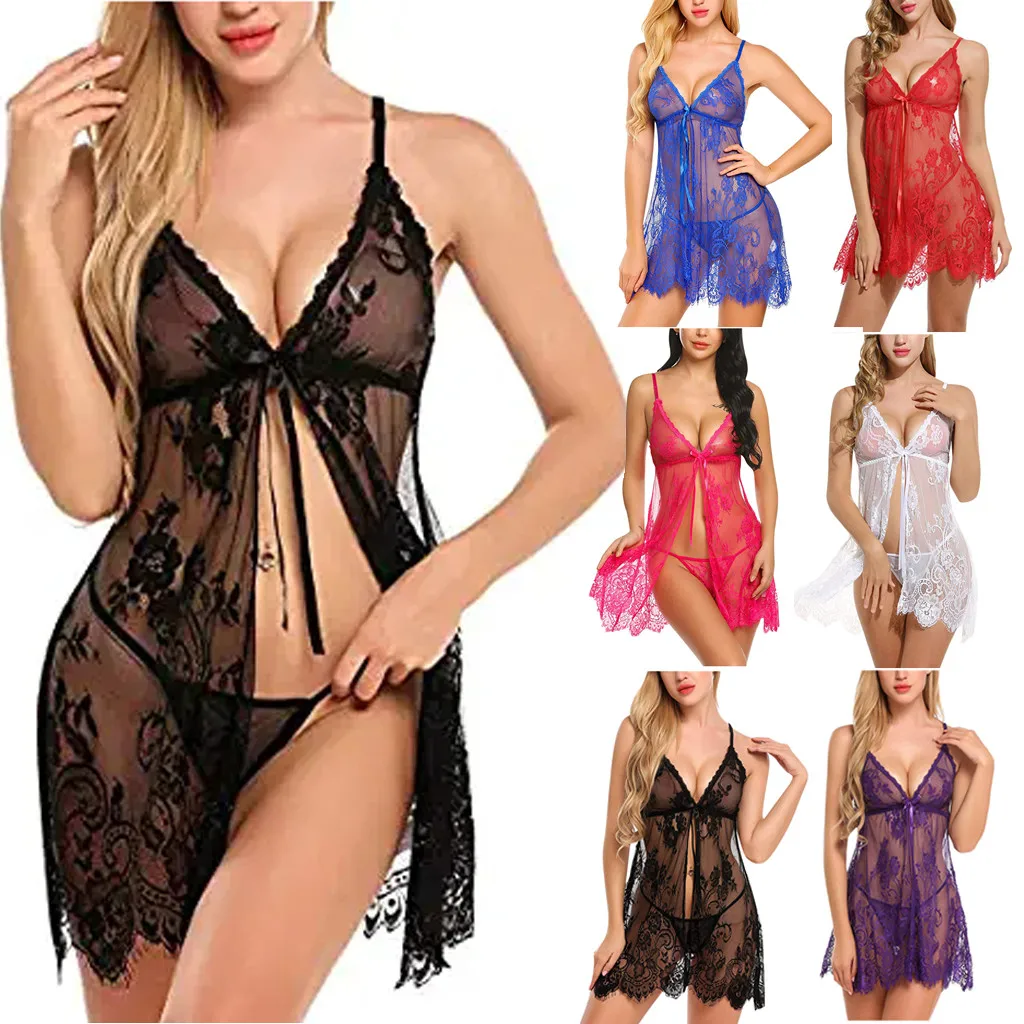 

Sexy Lingerie Night Dress Women Nightie V-neck Lace Strap Sexy Sleepwear Transparent Mesh Underwear Erotic Backless Lingerie 2XL