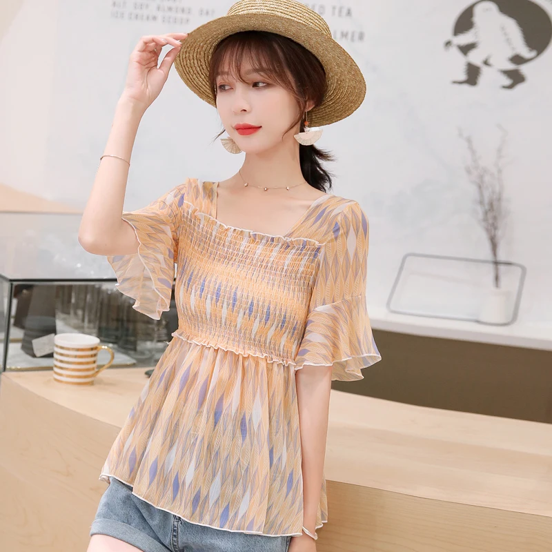 

Women Fashion Elegant Chiffon Top Square Collar Flare Sleeve Blouse Casual Print Sweet Shirt Summer Female Work Wear Loose Tops