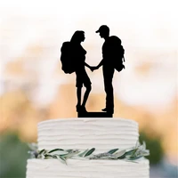 hiking couple cake topper backpacking silhouette bride and groom outdoor wedding mountain wedding cake topper
