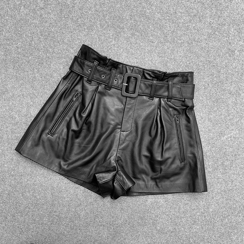 Autumn Spring Womens Shorts Casual Real Genuine Leather Short Black Feminino Sexy Party Fashion Streetwear Short Pants Clotes