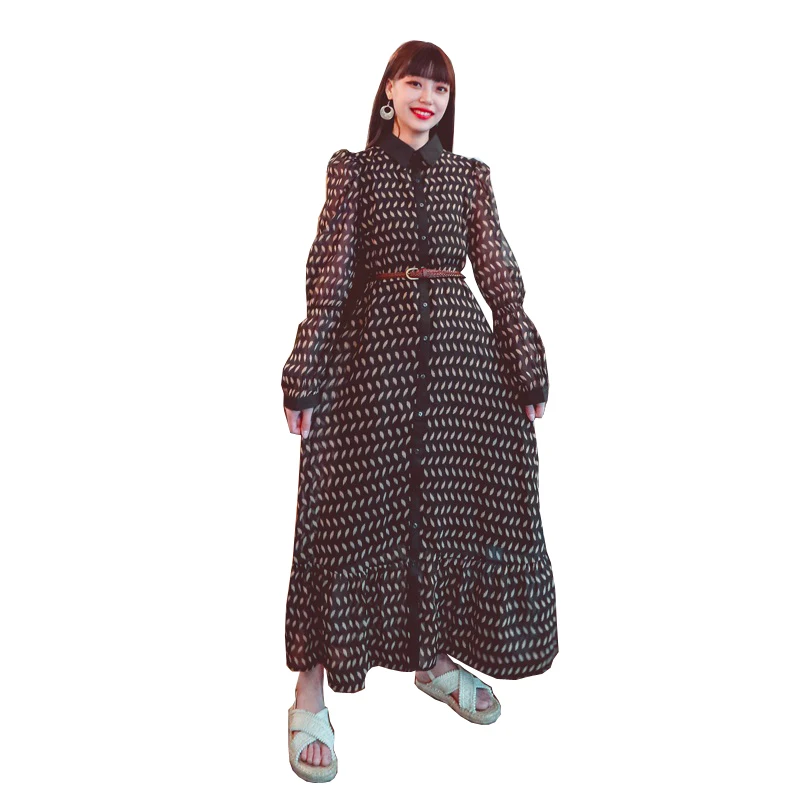 

2021 Spring/Autumn High Quality Fashion Ladies Long Sleeve Cardigan Skirt Small Crowd Design Retro Print Chiffon Holiday Dress