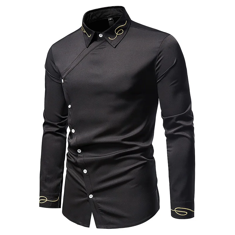 

New European men's shirt, trend embroidery asymmetric long sleeve shirt, men's shirt