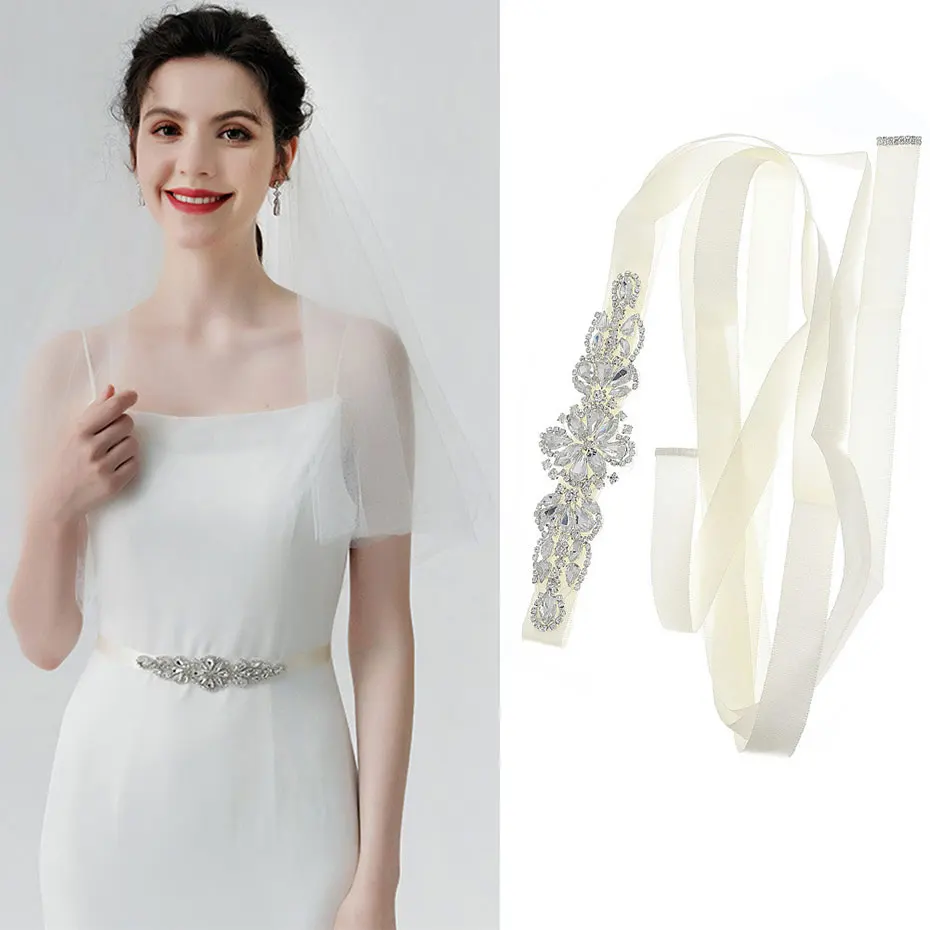 

Efily Crystal Flower Bridal Belt for Women Dress Accessories Rhinestone Applique Wedding Sash Belt Ivory Color Ribbon Bridesmaid
