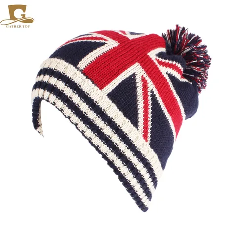 Зимняя вязаная шерстяная шапка с меховым помпоном и британским флагом, шапка с флагом Трампа, шапка с флагом США, теплая шапка с ушами, вязаная крючком шапка, шапочки, шапочки, теплая шапка s UK