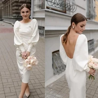 yiminpwp ivory wedding party dresses boat neck backless long sleeve tea length back vent women special occasion dress for prom