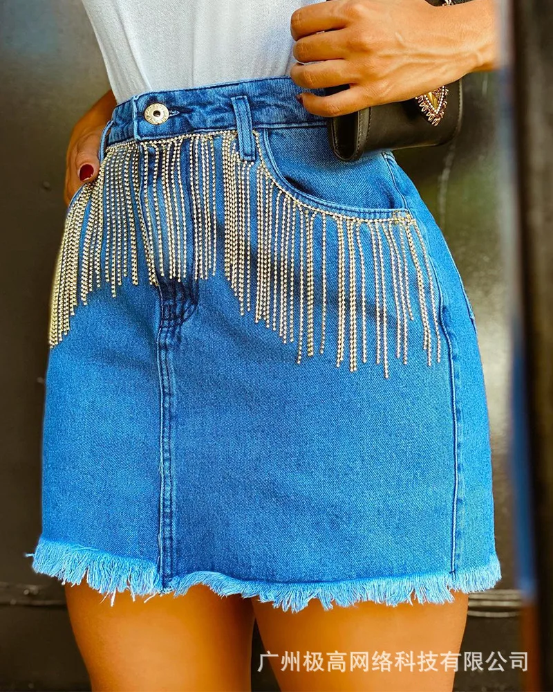 

2021 new summer casual button skirt women blue fashion fringed denim skirt women