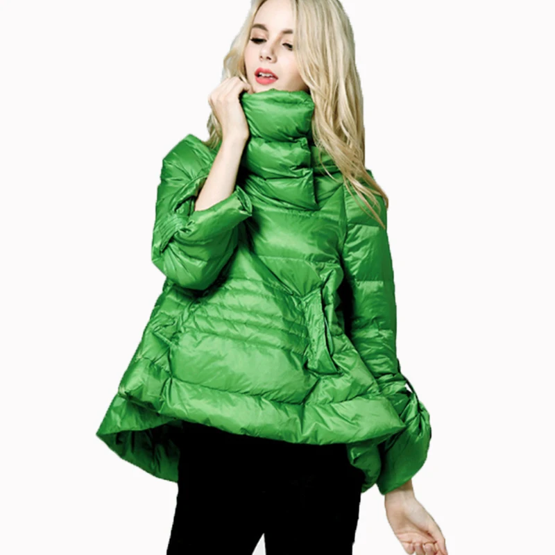 Женский пуховик с высоким воротником зеленое/красное пуховое пальто на белом