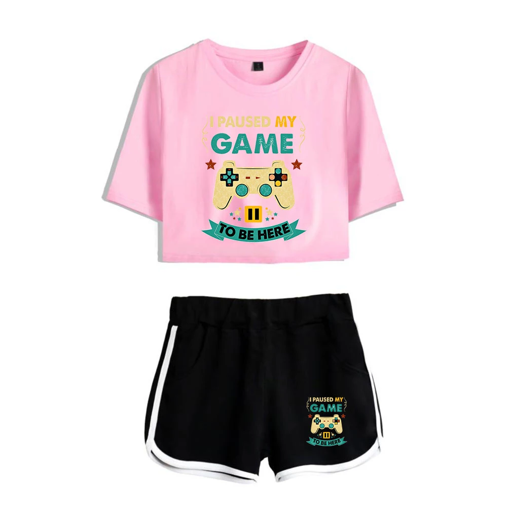 

I Paused My Game To Be Here Clothes Female Tracksuit Two Piece Set Summer Short Sleeve Crop Top+Shorts 2021 Funny Women's Sets