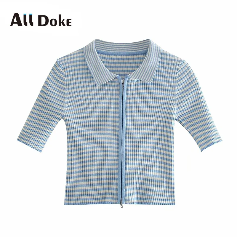 

All Doke Summer 2021 Knitting Zipper T-shirt Blouses Women Turn-down Collar Short Sleeve High Waist Casual Striped Corp Top