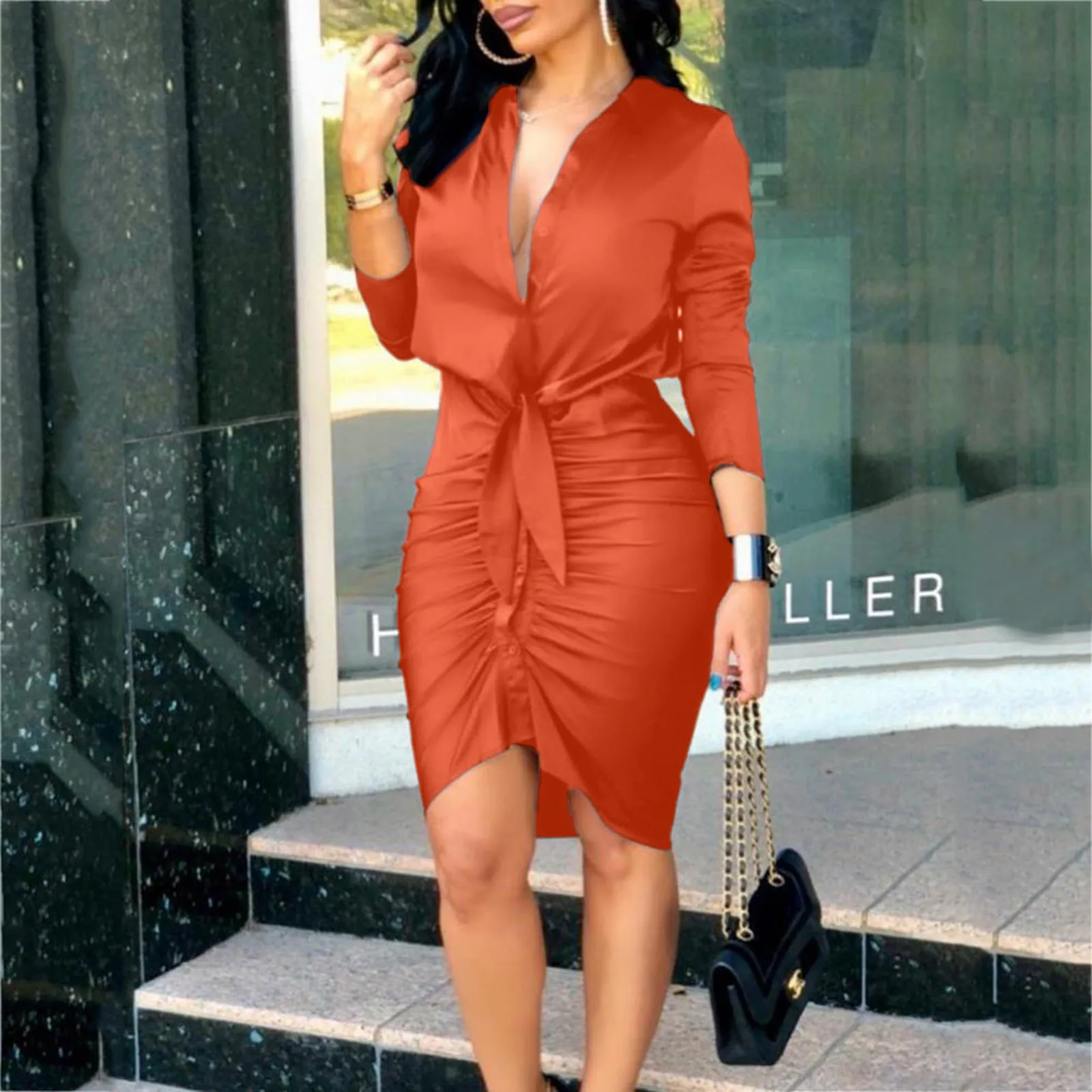 

Women Elegant Midi Dress V-Neck Slim Office Lady Dress Fashion Casual Lace-Up Ruched Bodycon Dress Party Vestido De Mujer