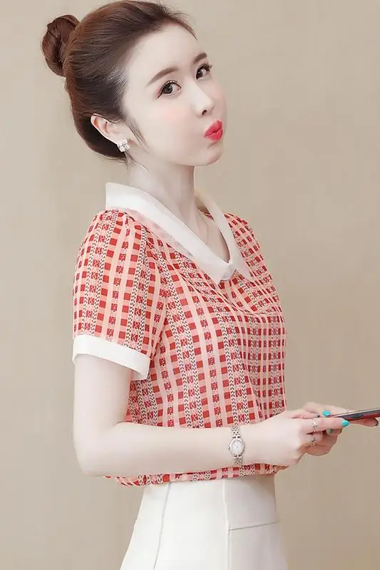 

2021 Summer New Doll Collar Plaid Chiffon Shirt All-match Thin Western-style Shirt Short Sleeve Top Women