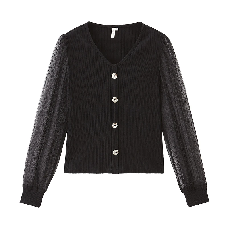 

INMAN 2021 Spring New Arrival Casual Comfortable Elastic V-Neck Tulle Sleeve Button Decoration Elegant Temperament Women's T-Shi