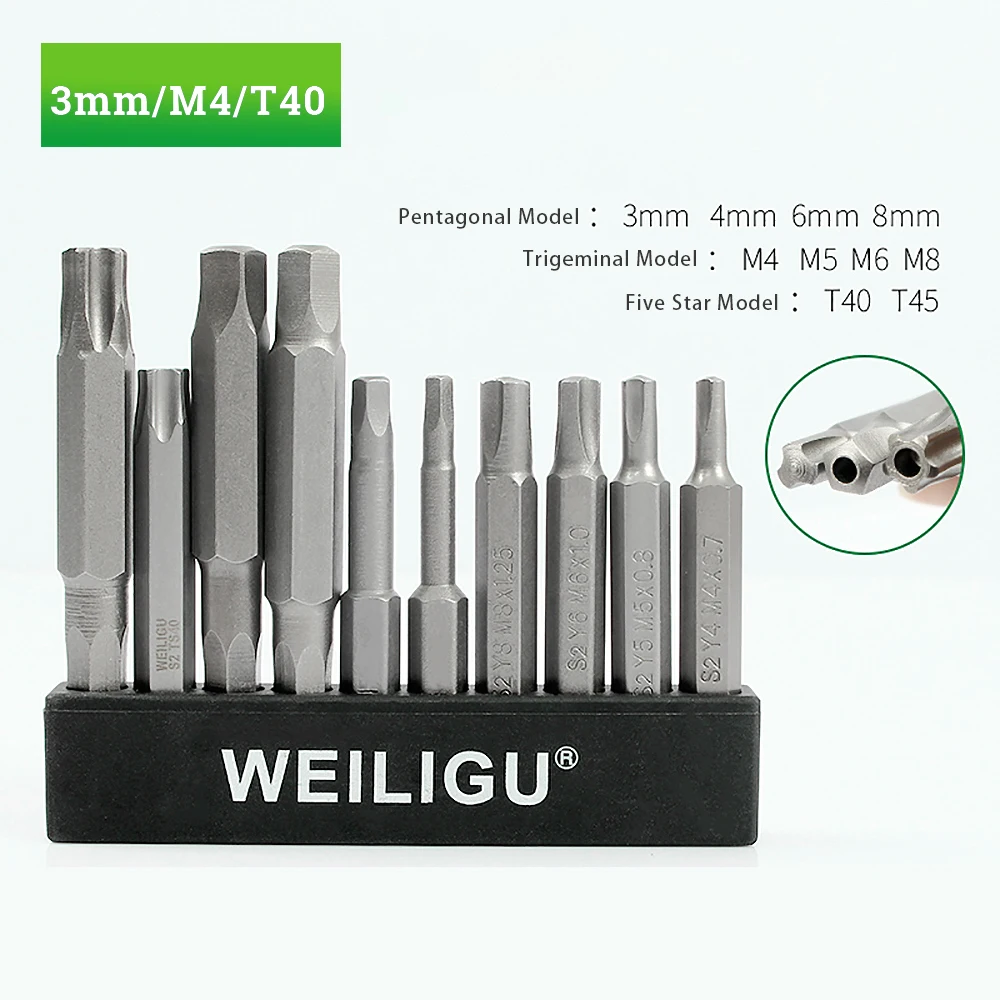 

1set/10pcs Bits For Screwdriver Electric Drill 5-point/trident Drive S2 3 4 5 6 8mm T40 T45 Magnetic Bit Hex S1/4 Repair Tools