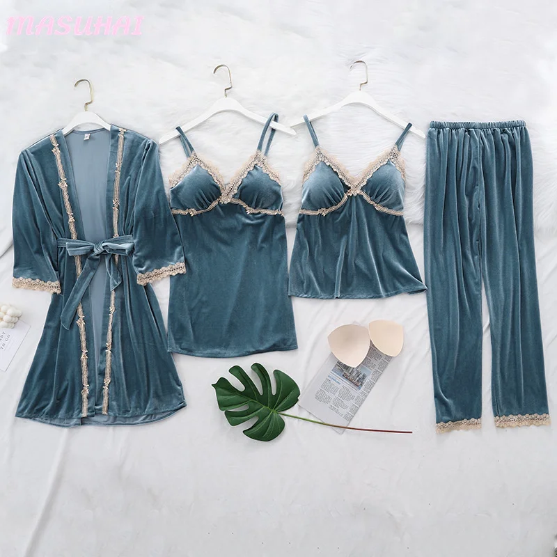 

MASUHAI Autumn and winter sexy pajamas padded with golden velvet 4-piece thick Plush women's long sleeve pants
