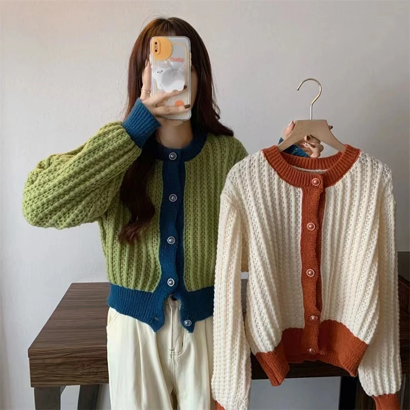 

Женский свитер в корейском ретро-стиле, осенне-зимний свитер с длинными рукавами и отстрочкой, яркий кардиган на пуговицах, Прямая поставка
