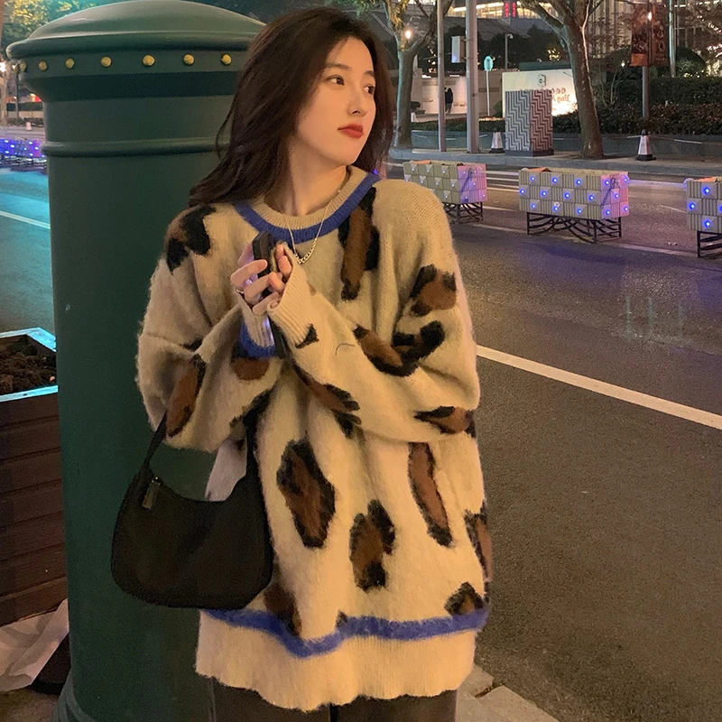 

3Colors womens knitted Sweater Autumn and winter 2021 loose korean style female Leopard Sweaters and pullovers womens (C8200)
