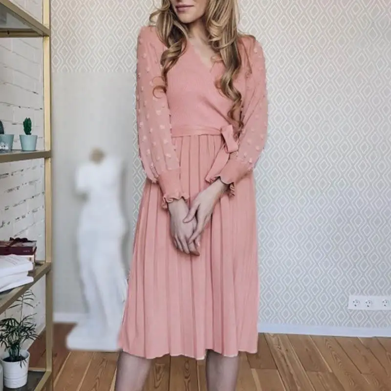 Осень зима 2019 женское трикотажное платье миди с поясом плиссированные платья