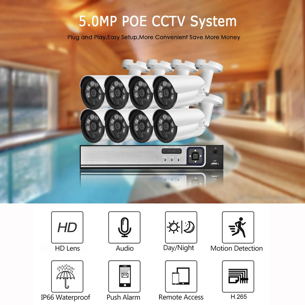 Gadinan H.265+ 8CH 5MP POE Security System Kit 2.8mm Wide Angle 5MP SONY IMX335 IP Camera Face Detection Outdoor CCTV Video Set
