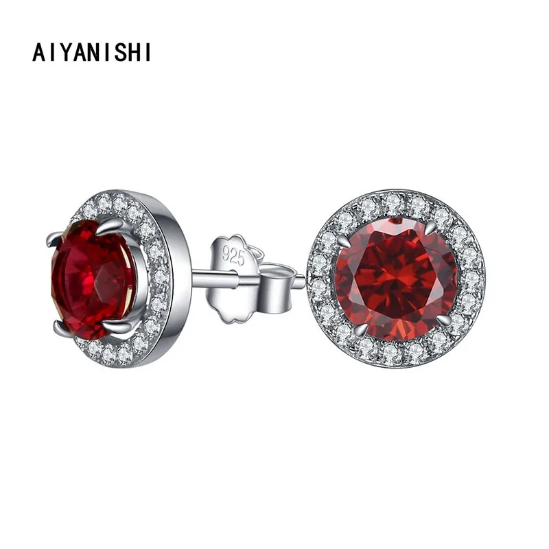 

AIYANISHI Fashion 925 Sterling Silver Stud Earrings Halo Red Silver Stud Earrings for Women Wedding Engagement Party Lover Gifts