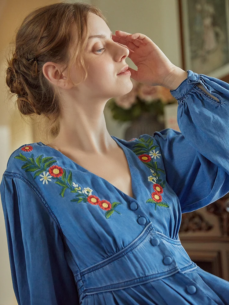 LYNETTE'S CHINOISERIE Autumn Spring Original Design Women Mori Girls Vintage Floral Embroidery Denim Blue V-neck Slim Dresses