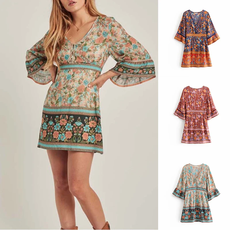 

Printed Flared Sleeve Cutout Dress Above Knee Length Women Casual Party Dress THJ99