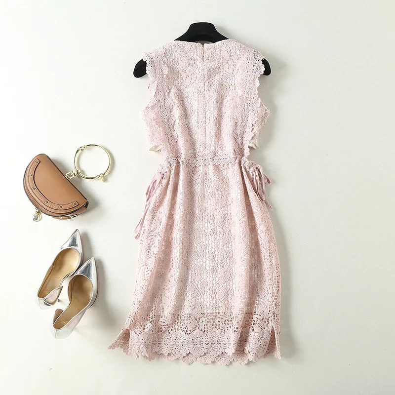 

2020 summer new lace dress star same lace up pleated slim waist hem split mid length skirt