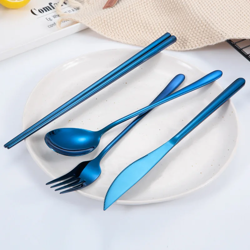 Корейский длинный нож и вилка из нержавеющей стали ложка набор четырех предметов